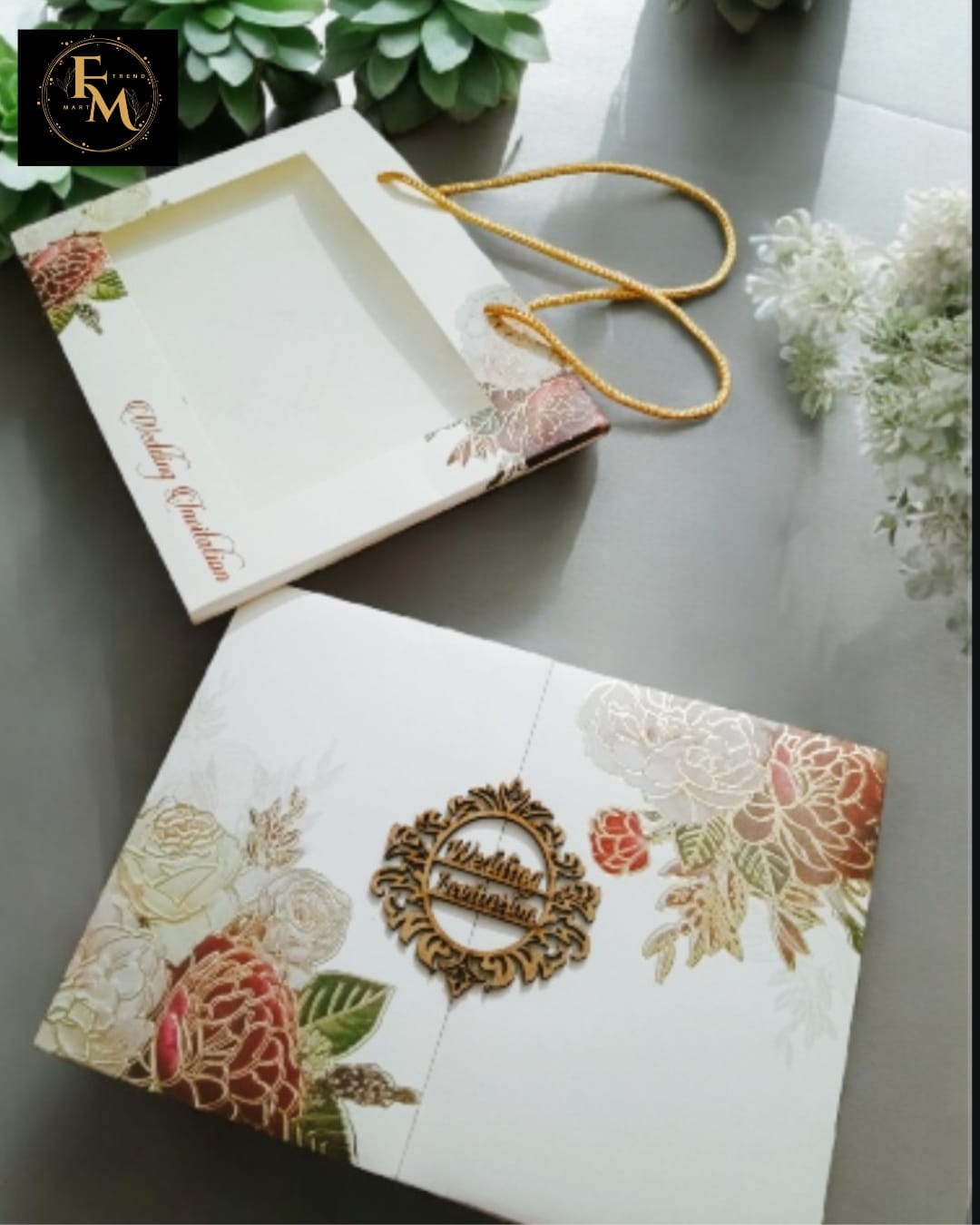 Luxury Bleach Uncoated Wedding Invitation with Custom Wooden Motif