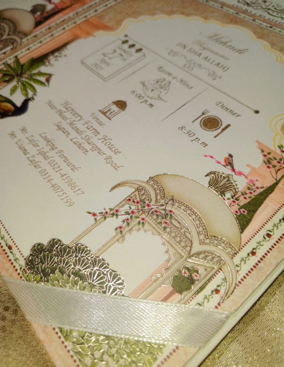 Royal Peacock Couple Tomb Theme Wedding Invitation – Artistic Heritage Design