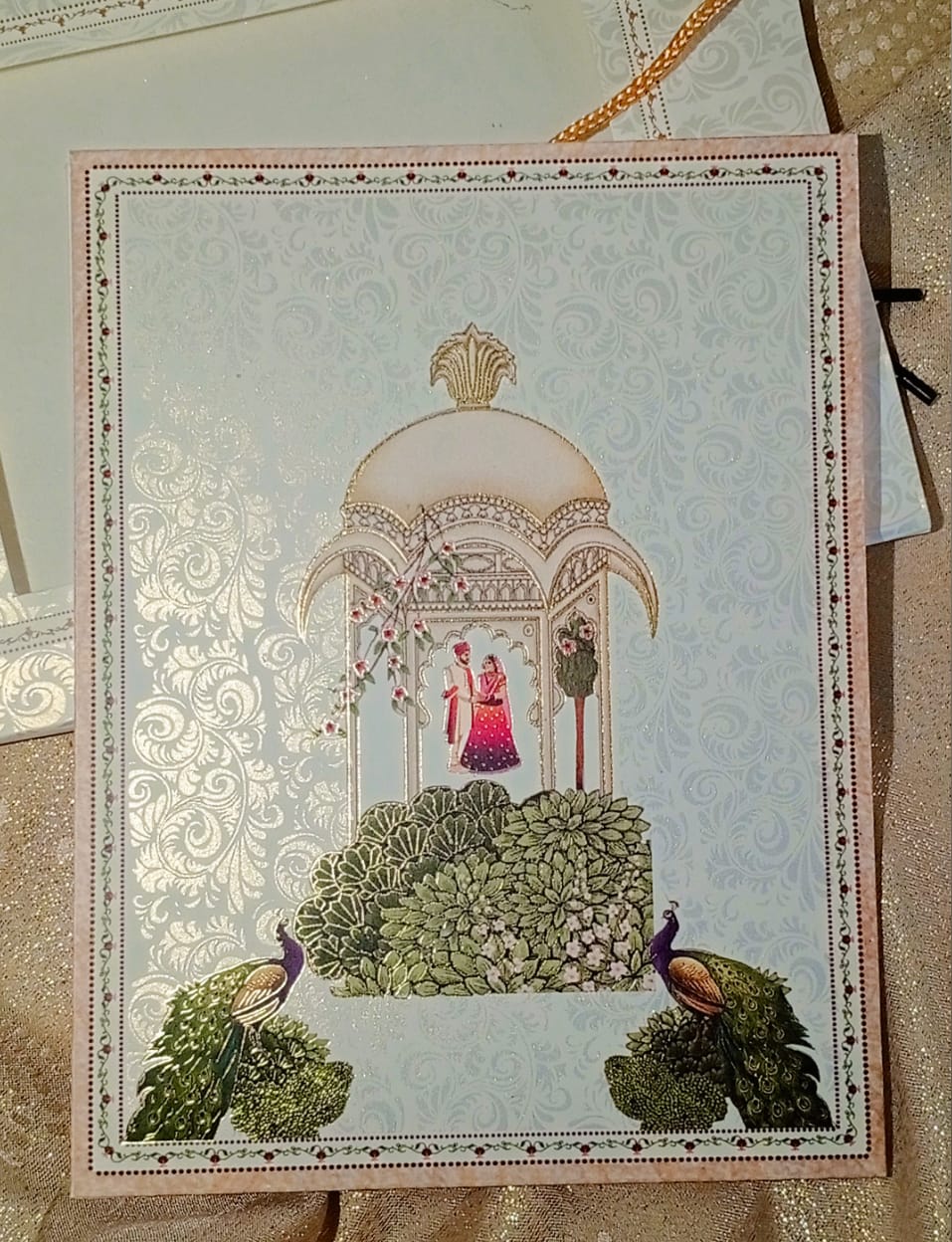 Royal Peacock Couple Tomb Theme Wedding Invitation – Artistic Heritage Design